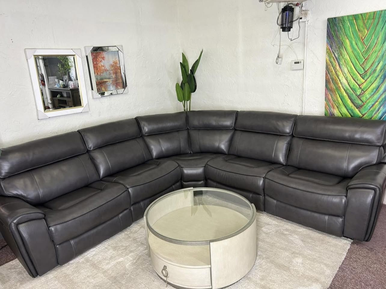 Furniture- Zero Gravity Real Top Grain Leather 5 Pc Sectional With 3 Power Recliners- Hutchenson