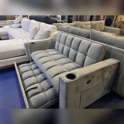 Light gray velvet pull out sofa bed sleeper sofa couch with USB 