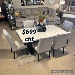 7 Piece Beautiful Faux Marble Top Dining Table Set 