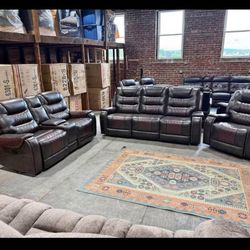3PC BROWN LEATHER RECLINING LIVING ROOM SET – SOFA, LOVESEAT & CHAIR – $1650