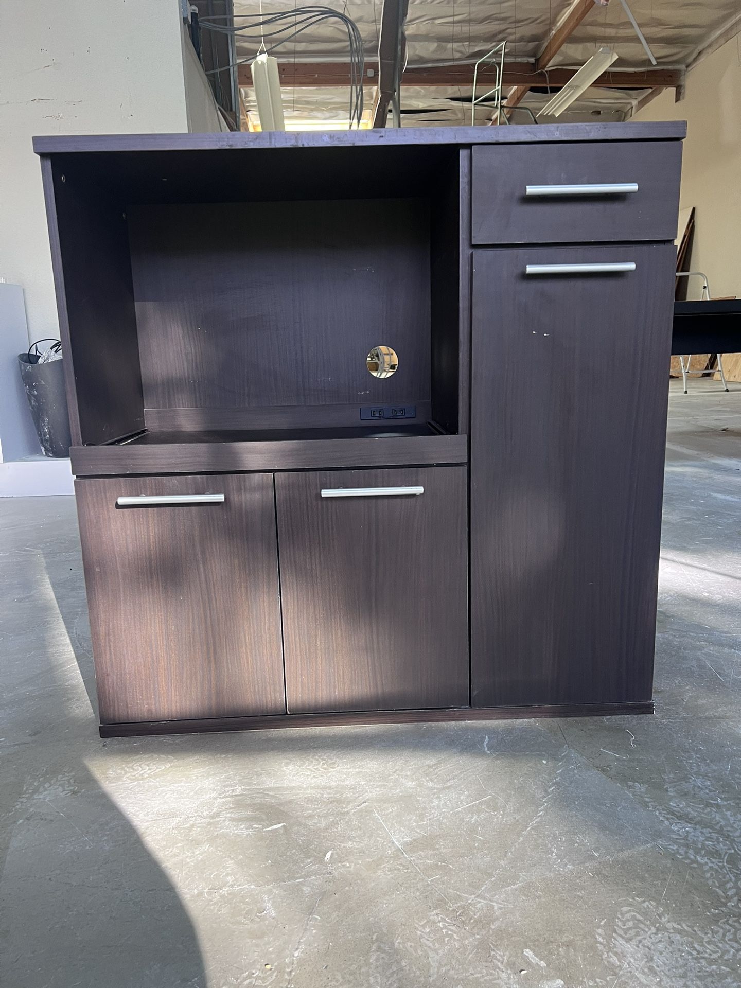 Brown Storage Cabinet With Shelves And Drawer!