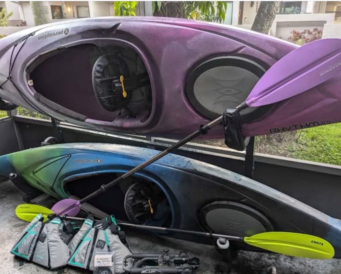 Two 11’ Perception Kayaks – Full Set, with storage rack. Excellent Condition