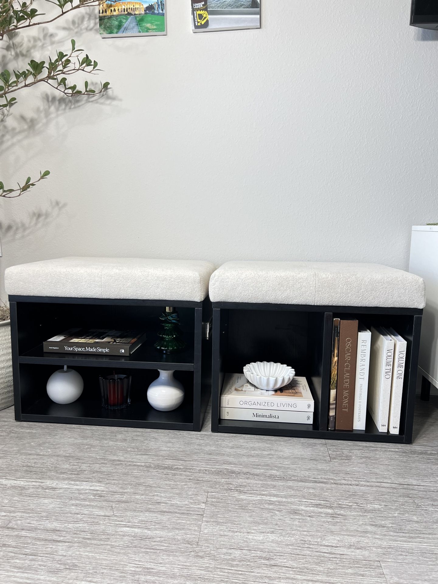 Velvet Shoe Storage Ottoman Set of 2, Beige Multi-Functional Stools with Soft Cushioned Seats