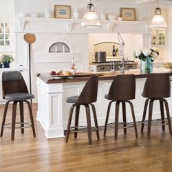 26 in. Gray Faux Leather Swivel Bar Stool Solid Wood Walnut Frame Counter Height Bar Stool (Set of 4)