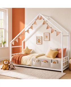 Twin Floor Bed with Guardrails and House Shaped Metal Frame，White