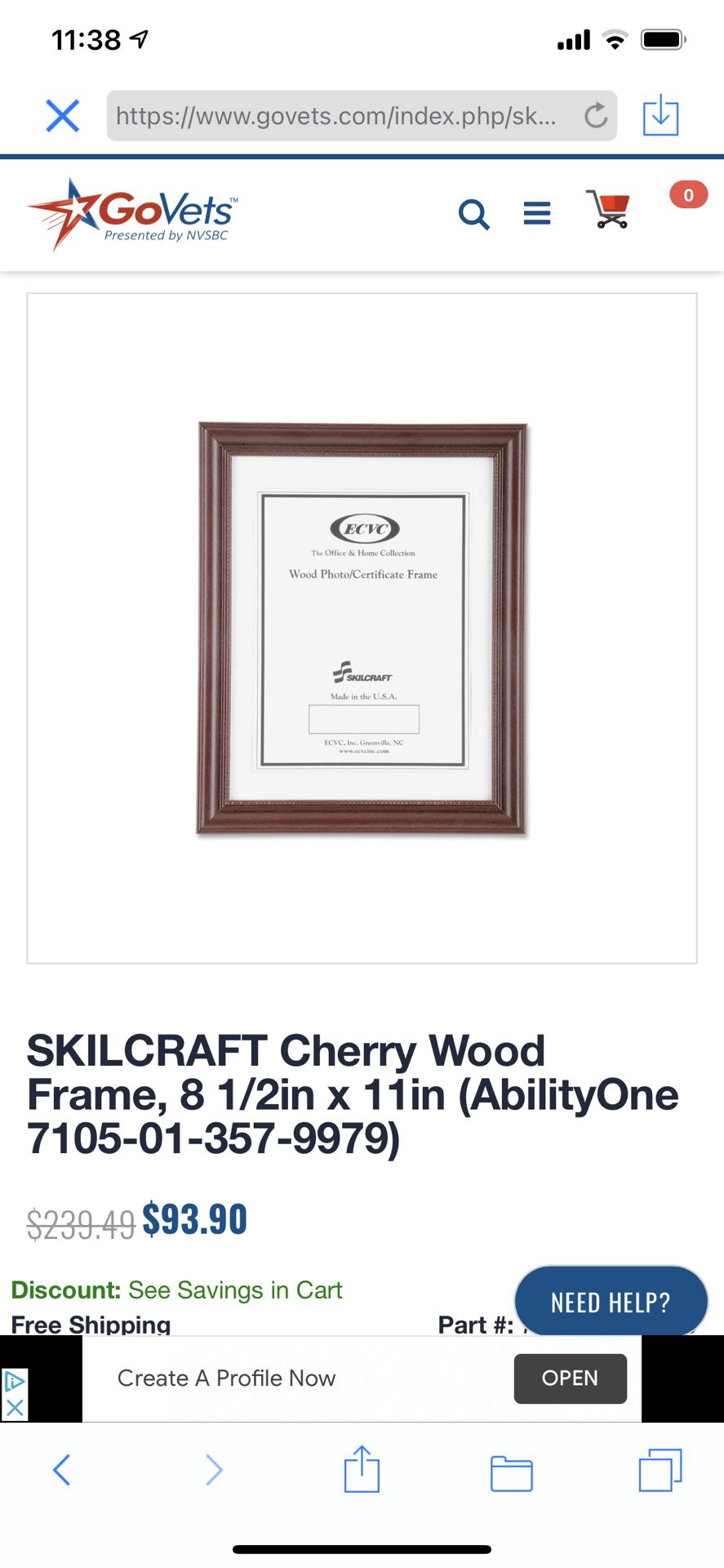 SKILCRAFT Cherry Wood Frame, 8 1/2in x 11in (AbilityOne 7105-01-357-9979)