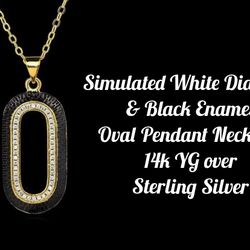 Unique Oval Pendant Necklace w/sim. White Diamond and black enamel, 14k o/l...ONLY $15!!