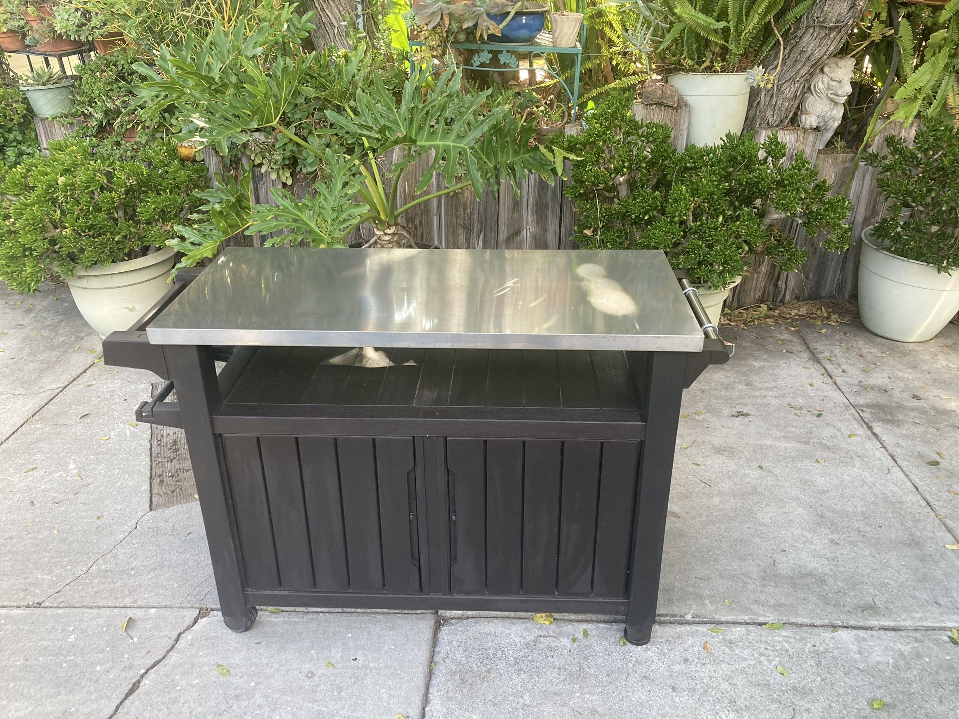 Keter Unity XL Outdoor Kitchen Rolling Bar Cart with Storage Cabinet, Brown