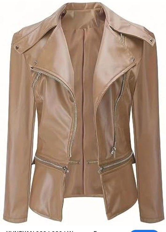 Tan Faux Leather Moto Jacket With Removable Hem Size L Fits Like A S/M