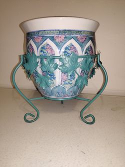Ceramic Blue & Violet Floral Planters Flower Pot w/ Metal Green Ivy Stand