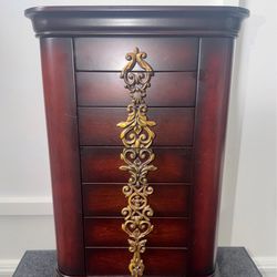 Bombay Jewelry Armoire Mahogany Finish Jewelry Box Antiqued Brass Handles 16.5"T