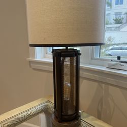 Industrial cage table lamp with linen drum shade, black metal, modern farmhouse