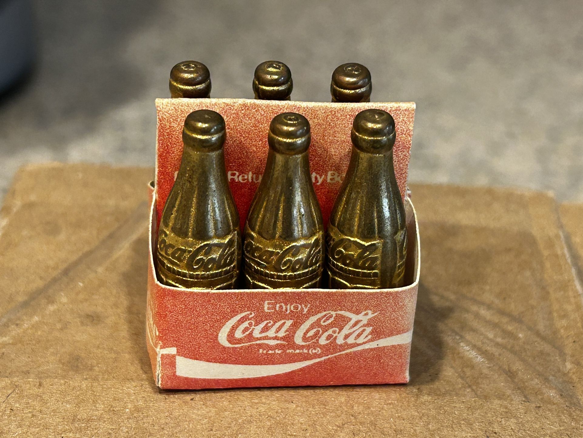 Vintage Coca-Cola Mini Six Pack Gold Tone Bottles With Paper Carton 6 Pack Coke