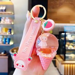 Pink Ice Cream Come Keychain Liquid Girls Cartoon Womens Accessories 
