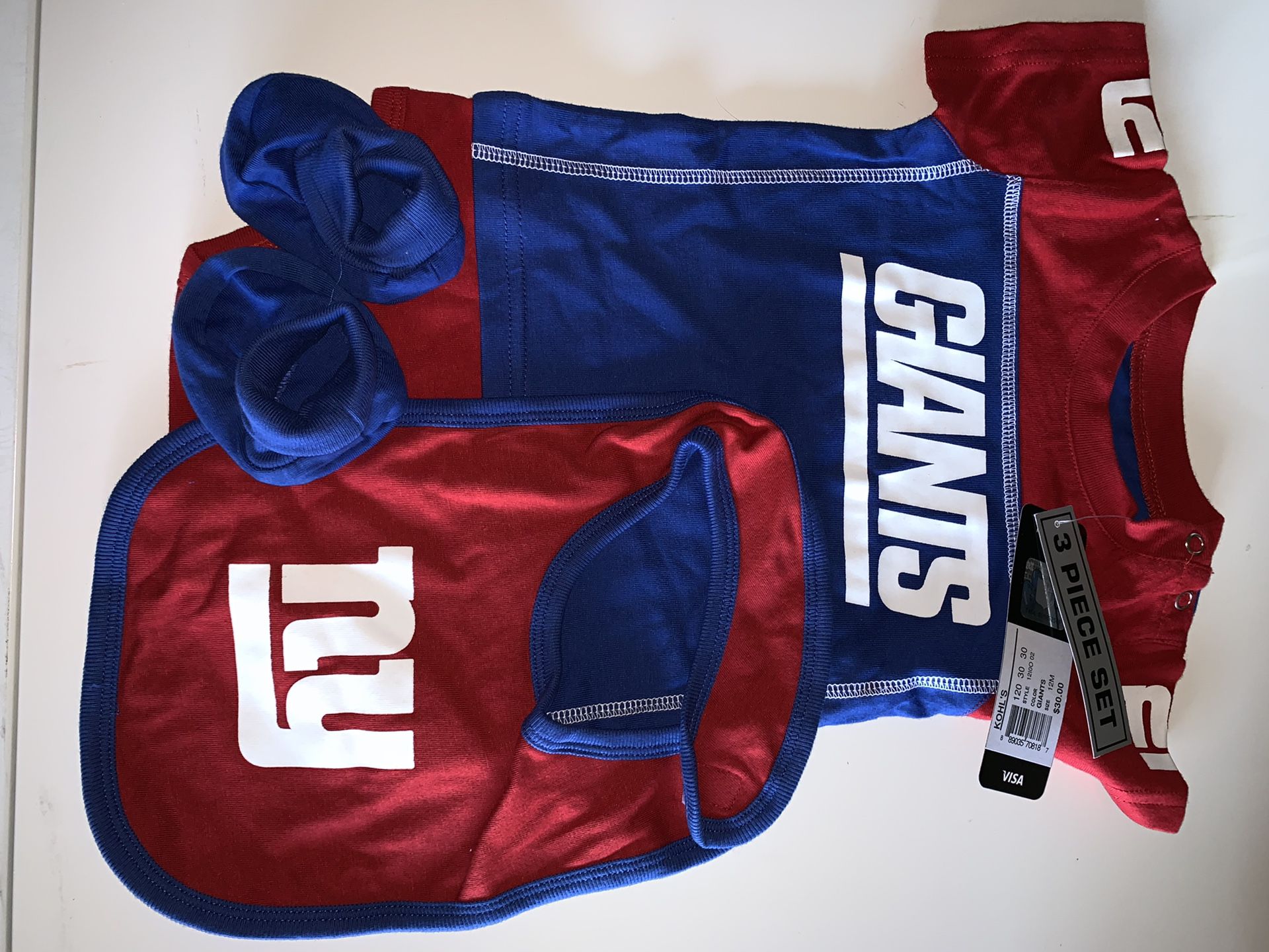 NY Giants NFL 3 piece onesie set bib, booties, onesie 12 m