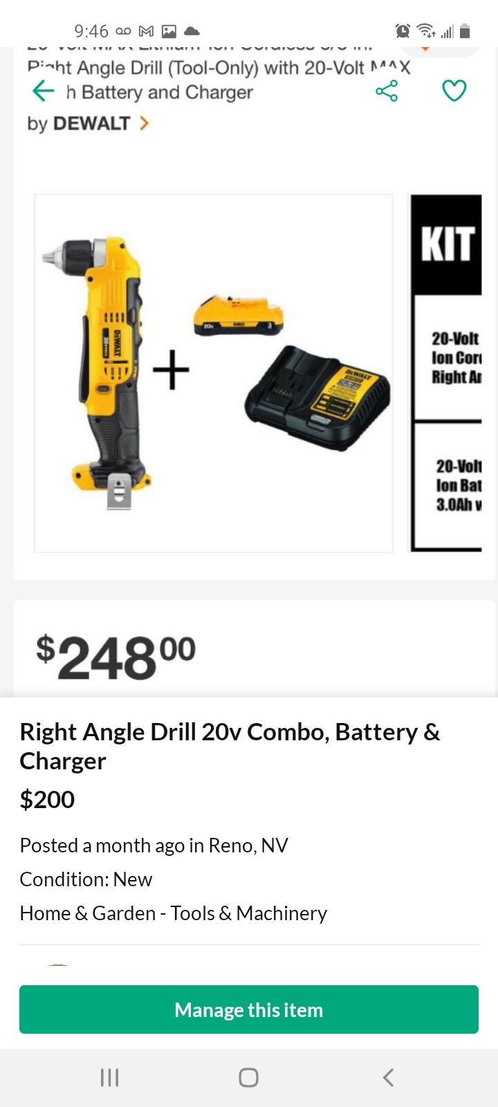 Dewalt Right Angle+ Battery + Charger