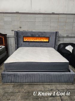 King bed w/Bluetooth speakers and fireplace