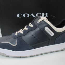 Men's Coach Mixed C201 Material Sneaker Lace Up Low Top Midnight Navy Size 8