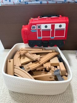 Wooden train tracks and storage box