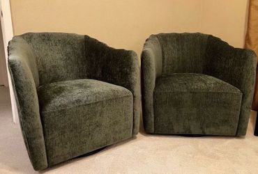 Pair of Green Velvet Swivel Barrel Chairs