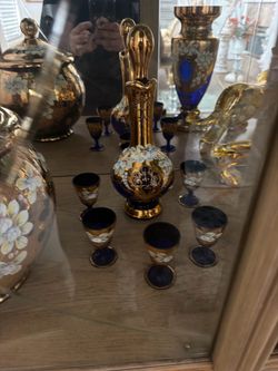 Bohemian Cobalt Blue Gold Decanter Set with Glasses