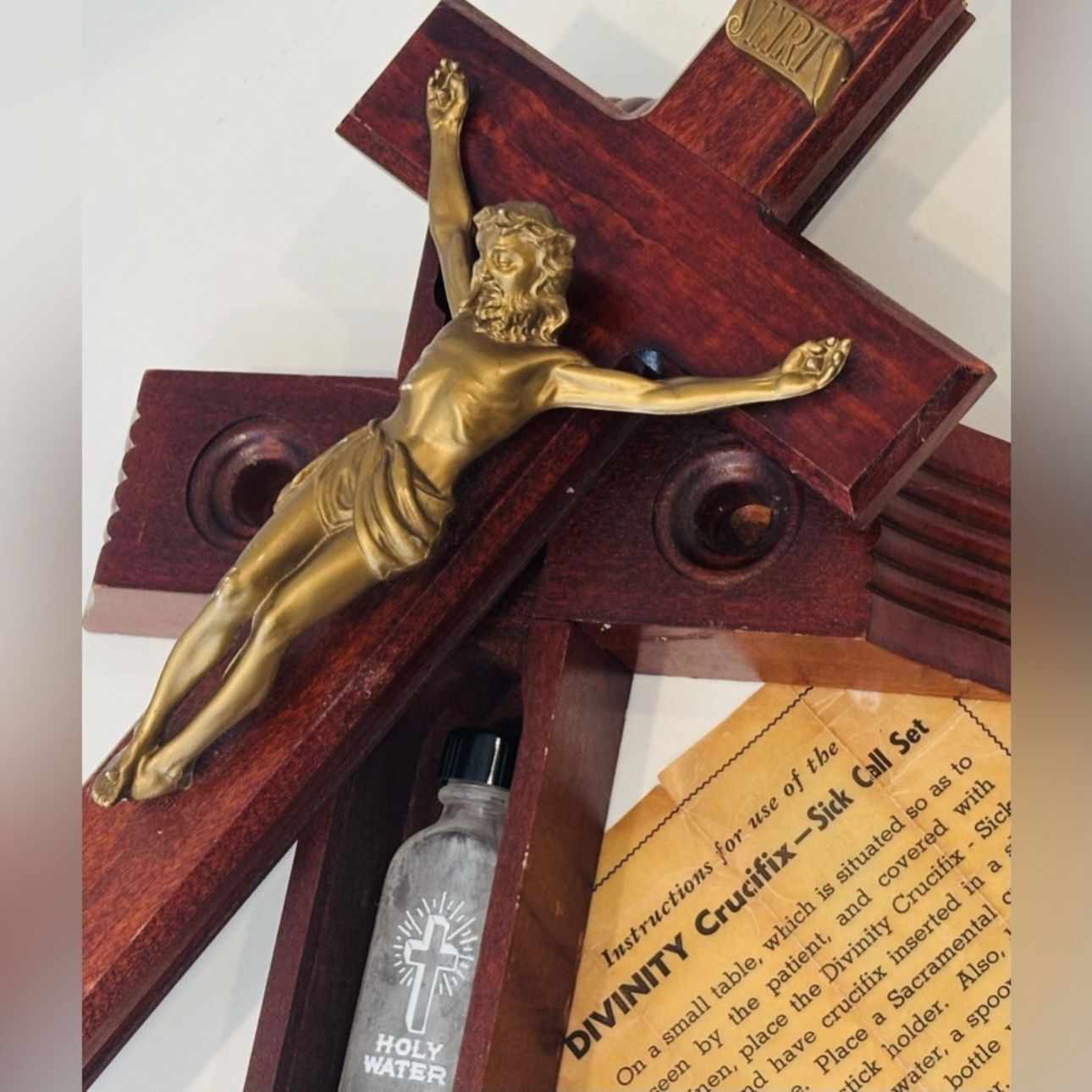 DIVINITY Crucifix Sick Call Set JESUS HEAL Wood Cross Original Antique Fine Art RARE Gold Christ Collectible Vintage Wall Plaque Display Religion
