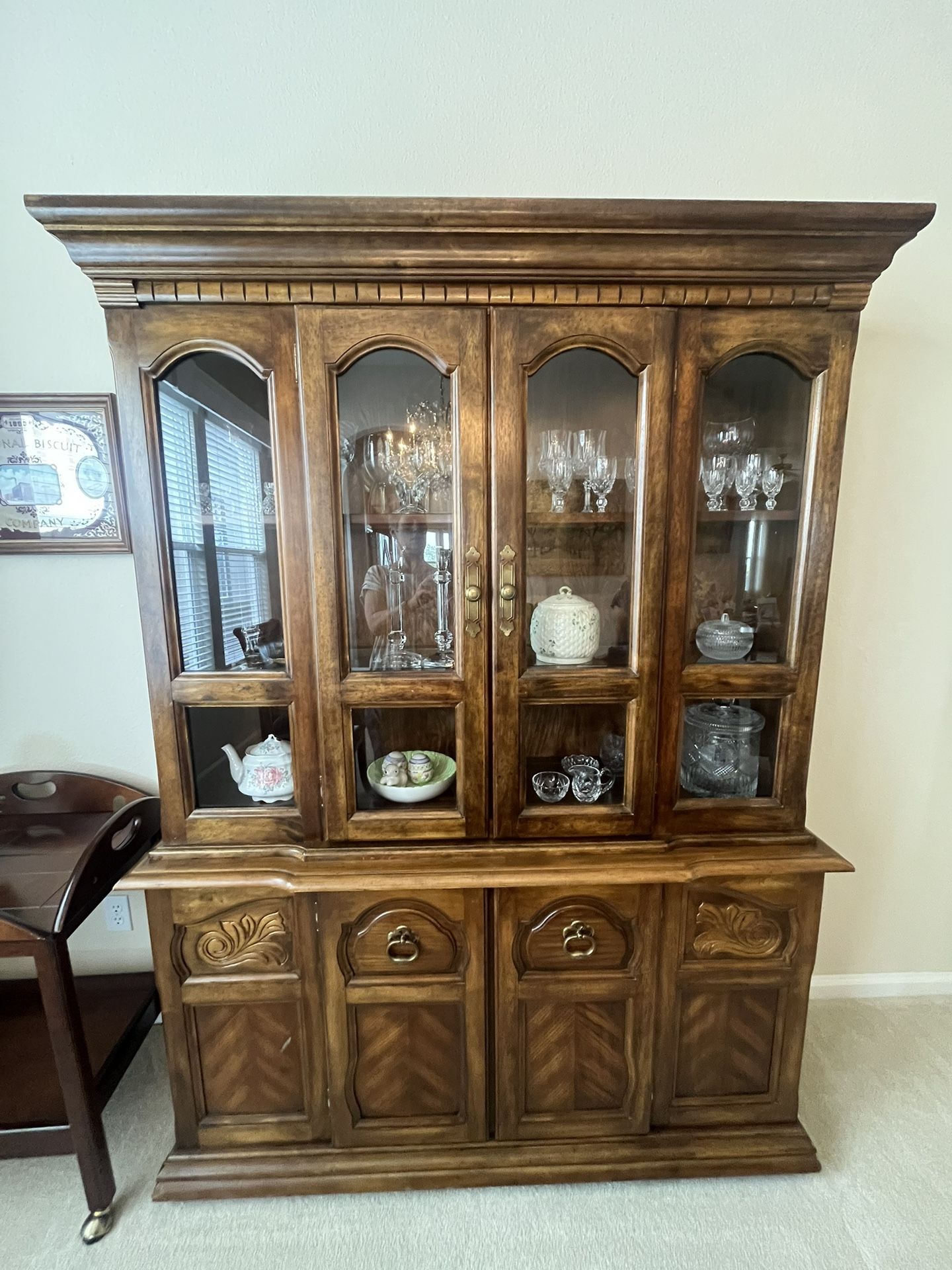 China Hutch With Herringbone Pattern And Brass Hardware