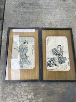 Vtg Pair 北英 Hokuei actor Woodblock Kabuki Prints Framed Mid-Century 13.5x22”