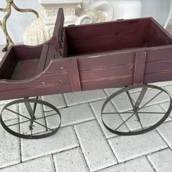 Wood & Metal Garden Or Inside Plant Holder Wagon Cart By COLLECTIONS ETC. 24” Long X 14” Tall. Also Great For Doll & Toy Collector!