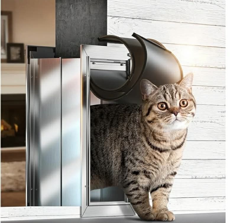 New Cat Door for Wall, Small Pet Door, Heavy Duty Doggy Door, All Aluminum Frame, 2 Magnetic Flaps, Energy Efficient, Telescoping Tunnel, Sliding Lock