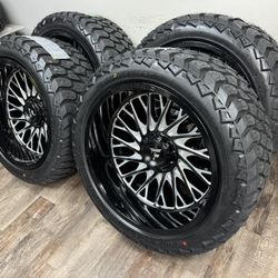 NEW 22x12 gloss black/milled fittipaldi wheels wrapped in AMP AT 33x12.50r22 tires