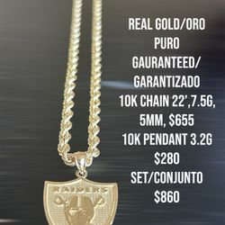 10K Gold Rope Chain & Raiders Pendant