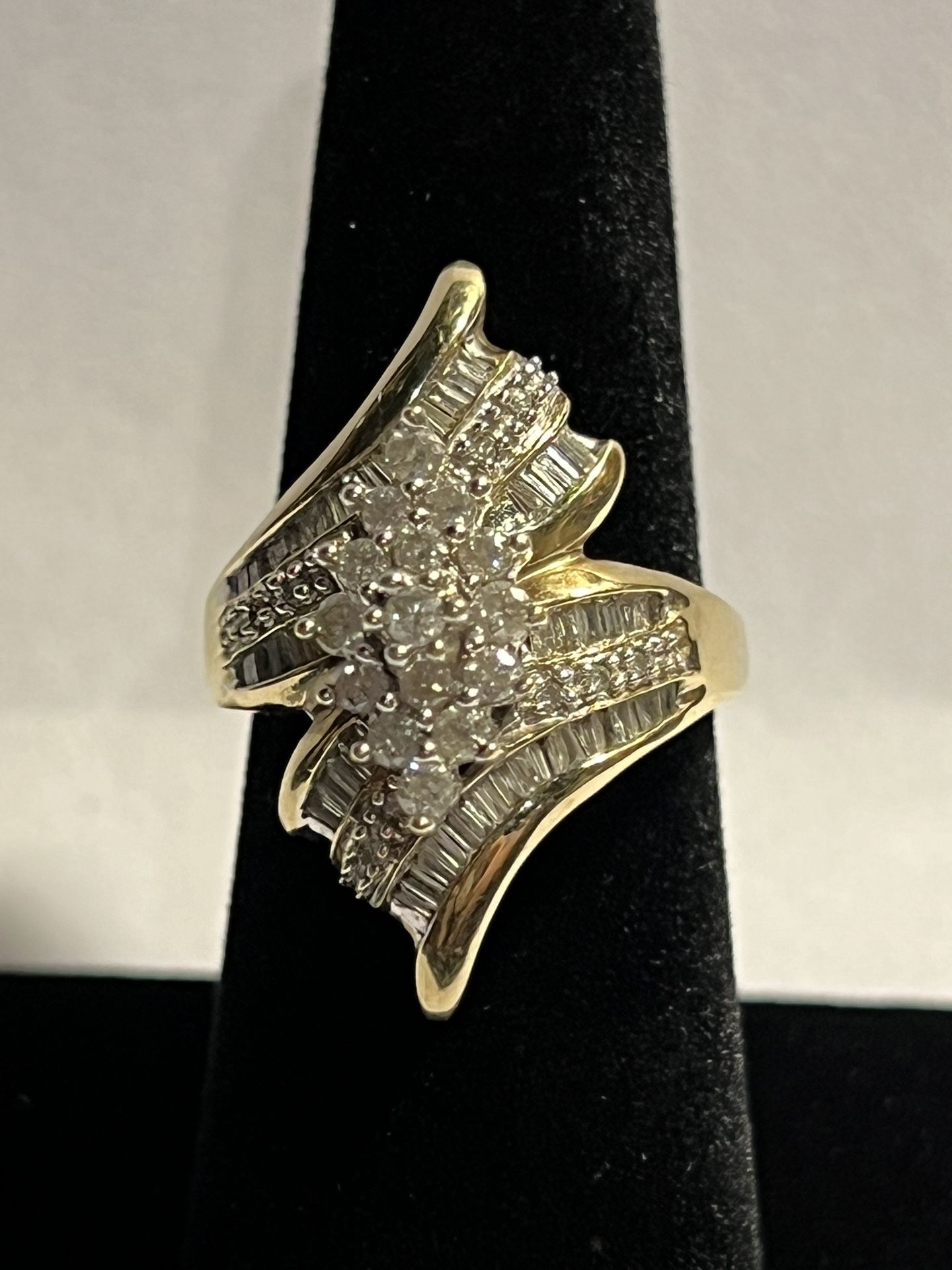 Yellow Gold Diamond Cluster Bypass Ring 10k Round &...