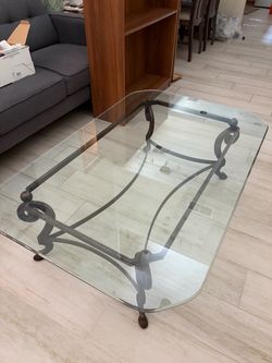 Glass Top Coffee Table with Wrought Iron Base