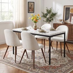 5-Piece Dining Set, 59" White Marble Table with 4 Beige Fabric Chairs, Walnut-Style Metal Legs Open Box