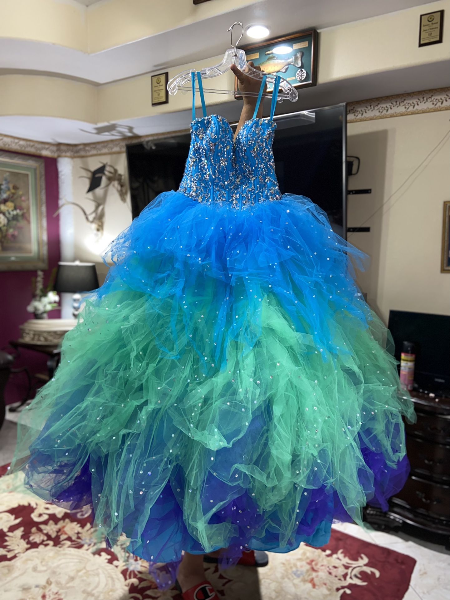 blue floral puff sleeve midi dress Flowers And Tulle Quinceanera Dresses Ball Gowns Off Shoulder main image 0