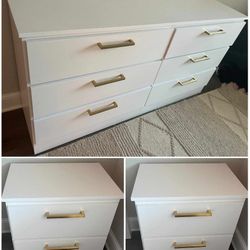 New White Dresser And 2 Nightstands With Golden Handles 