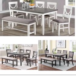 Dining table set with chairs and bench