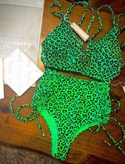 BuffBunny Neon Green Leopard High-Waist Bikini Set