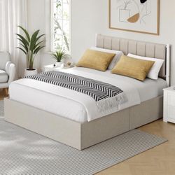 Lift Up Storage Bed Frame Queen Size, Hydraulic Platform Bed, with Upholstered Headboard, 1100 lb Weight Capacity, No Box Spring Needed, Easy Assembly