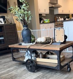 Industrial Rustic Coffee Table with Decorative Metal Wheel