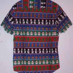 Christmas Button Up Shirt Mens Sz Sm Santa Snowman Tree Gingerbread Man 