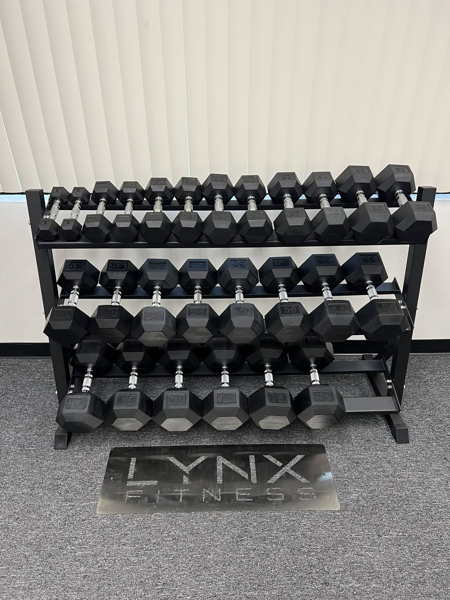 (New In Box) 5-75lb Rubber Hex Dumbbells With 3 Tier Dumbbell Rack Weights Home Gym Fitness Workout