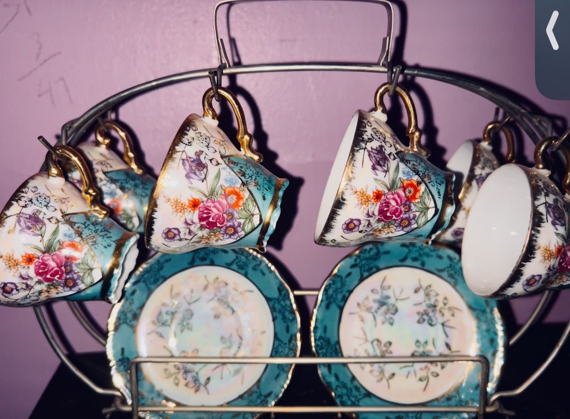 REAL VINTAGE Original Handcrafted Fine Bone China Tea Set with Embellished Holder