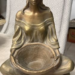 Metal Sculpture of a Seated Woman Holding Woven Bowl by Austin Productions