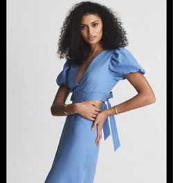 REISS Blue Jennah Puff Sleeve Cut Out Back Midi Dress Size US 4 UK 8 $385