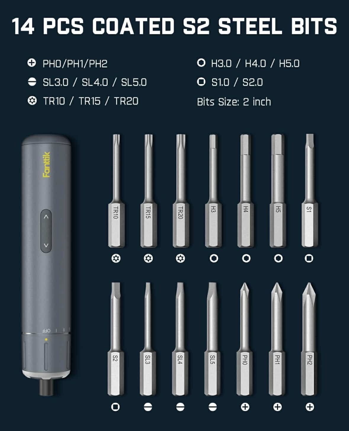 S1 Pro 3.7V Electric cordless Screwdriver, Power 14 S2 Steel Bits, 3 Torque Settings, Max 6 N.m, 2000mAh Battery, LED Light, 1/4''Hex,