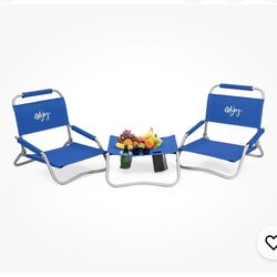 WEJOY 2 Pack Beach Chairs and Table Set Folding Low Beach Chairs for Adults Lightweight Outdoor Chair with Carry Bag for Lawn Camping Picnic Sports Bl