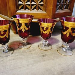 4 Medici Mouth Blown Dark Red Goblets Hand Decorated 24Kt Gold Baroque Italy (PLEASE NOTE THAT THEY ARE RED, NOT PURPLE)