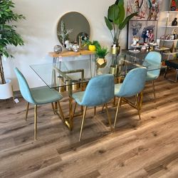 Blue Gold Velvet Glass Dining Set 